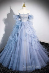 Blue Cascading Ruffles Long Evening Prom Dresses, A-Line Strapless Short Sleeve Sweep Train Evening Dresses