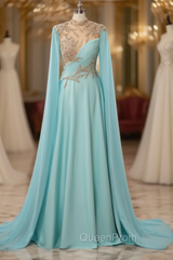 Blue Chiffon Beading High Neck Evening Prom Dresses