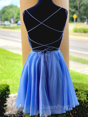 Blue Chiffon Beads Backless Short Evening Prom Dresses, Blue Homecoming Dresses
