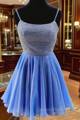 Blue Chiffon Beads Backless Short Evening Prom Dresses, Blue Homecoming Dresses