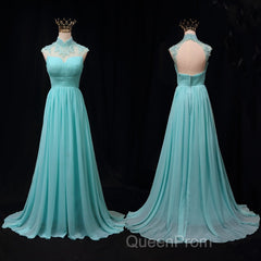 Blue Chiffon Lace And Beaded Cap Sleeves Evening Prom Party Dresses, A-Line Chiffon Formal Dresses