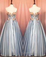 Blue Corset Long Satin Dresses With 3D Flowers