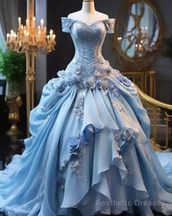 Blue Fairy 3D Floral Prom Dress Bustle Ruched Sweet 16 Ball Gown Quinceanera Dress