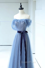 Blue Floor Length Evening Prom Dresses, A-line Strapless Tulle Evening Dresses