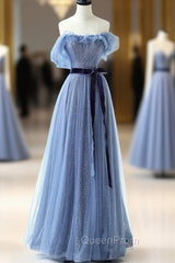 Blue Floor Length Evening Prom Dresses, A-line Strapless Tulle Evening Dresses