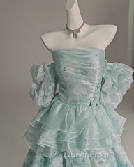 Blue Floral A-Line Strapless Organza Long Evening Prom Dresses Graduation Evening Prom Dresses