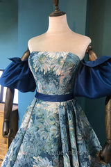 Blue Floral Pattern Long Senior Evening Prom Dresses, Off the Shoulder Evening Party Dresses