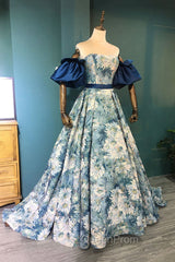 Blue Floral Pattern Long Senior Evening Prom Dresses, Off the Shoulder Evening Party Dresses