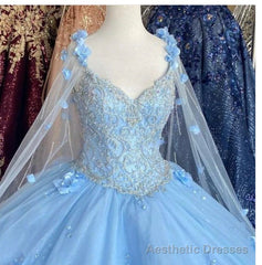 Blue flowers  tulle ball gown , chic prom dress