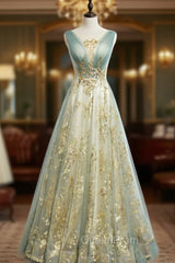 Blue Gold Tulle Sequins V-neck Pleats Evening Prom Dresses