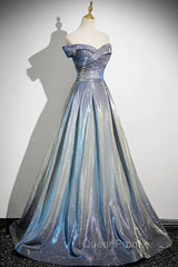 Blue Gradient A-Line Floor Length Evening Prom Dresses, Blue Off The Shoulder Evening Party Dresses
