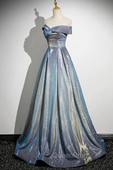 Blue Gradient A-Line Floor Length Evening Prom Dresses, Blue Off The Shoulder Evening Party Dresses
