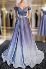 Blue Gradient Off the Shoulder Evening Prom Dresses
