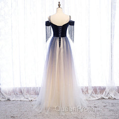Blue Gradient Tulle Long Party Dresses,A-line Off Shoulder Evening Dresses