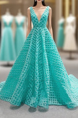 Blue Green V-neck Tulle Beading Evening Prom Dresses