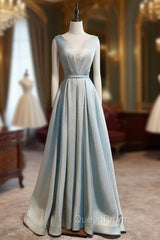 Blue Illusion V-neck Pleats Beading Evening Prom Dresses