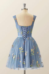 Blue Knee Length Tulle Party Dresses, Cute Blue Floral Tulle Homecoming Dresses