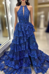 Blue Lace Halter Tiers Evening Prom Dresses