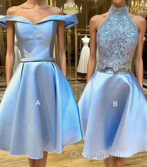 Blue lace satin short Evening Prom Dresses, blue homecoming Dresses
