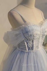 Blue Lace Short A-Line Evening Prom Dresses, Blue Spaghetti Straps Homecoming Party Dresses