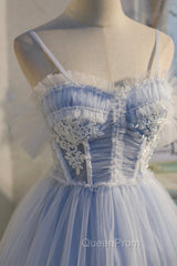 Blue Lace Short A-Line Evening Prom Dresses, Blue Spaghetti Straps Homecoming Party Dresses
