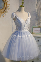 Blue Lace Short A-Line Evening Prom Dresses, Cute V-Neck Homecoming Party Dresses