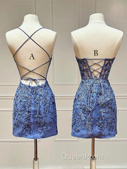 Blue Lace Short Evening Prom Dresses, Blue Homecoming Dresses
