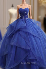 Blue Lace Strapless Ball Gown Evening Dresses, Blue Long Sweet 16 Dresses