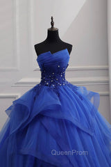 Blue Lace Strapless Ball Gown Evening Dresses, Blue Long Sweet 16 Dresses