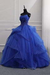 Blue Lace Strapless Ball Gown Evening Dresses, Blue Long Sweet 16 Dresses