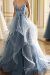 Blue Lace Top with Layers Tulle Evening Prom Dresses, New Straps Evening Gown