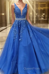Blue lace tulle long Evening Prom Dresses, blue tulle lace evening Dresses
