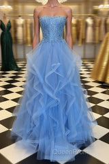 Blue Lace Tulle Long Evening Prom Dresses, Blue Lace Ball Gown, Blue Lace Formal Dresses, Evening Dresses