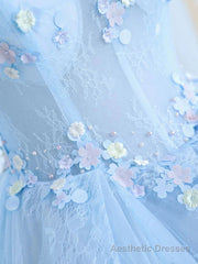 Blue Long Lace Floral Prom Dresses, Long Blue Lace Formal Evening Dresses with Flowers