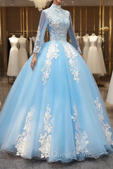 Blue Long Sleeves lace Tulle Sweet 16 Dresses, Light Blue Ball Gown Evening Dresses, Party Dresses