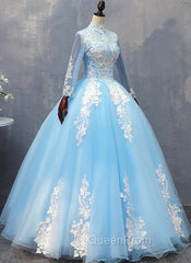 Blue Long Sleeves lace Tulle Sweet 16 Dresses, Light Blue Ball Gown Evening Dresses, Party Dresses