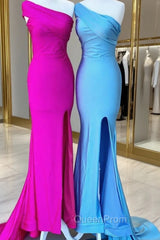 Blue Mermaid One Shoulder Satin Evening Prom Dresses