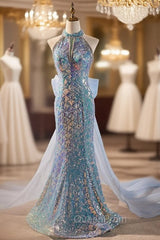 Blue Mermaid Sequins Beading Evening Prom Dresses