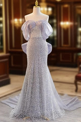 Blue Mermaid Sequins Off the Shoulder Evening Prom Dresses