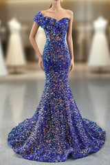 Blue Mermaid Sequins One Shoulder Ruffles Evening Prom Dresses