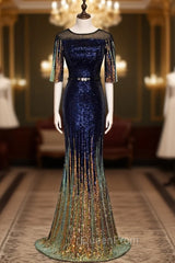 Blue Mermaid Sequins Short Sleeve Belt Evening Prom Dresses