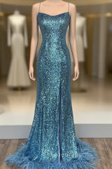 Blue Mermaid Sequins Spaghetti Straps Evening Prom Dresses