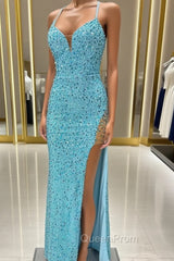Blue Mermaid Sequins Split Evening Prom Dresses