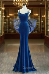 Blue Mermaid Velvet Spaghetti Straps Evening Prom Dresses