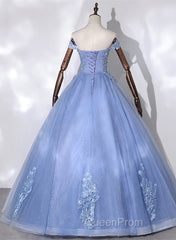 Blue Off Shoulder Tulle Party Dresses With Lace, Long Formal Dresses Sweet 16 Dresses