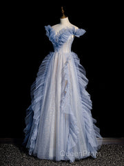 Blue Off Shoulder Tulle Sequin Beading Long Evening Prom Dresses, Blue Formal Dresses