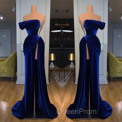 Blue Off-the-Shoulder Velvet Evening Prom Dresses Mermaid Long With Split