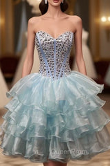 Blue Organza Crystal Homecoming Dresses