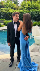 Blue Prom Dress, Mermaid Prom Dresses, Open Back Evening Dress