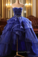 Blue Evening Prom Dresses Ruffles Tiered Crystal Beaded Top EveningParty Dresses, High Low Evening Prom Dresses